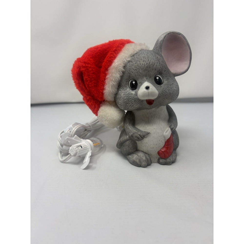 Vintage Around The World 80's Christmas Night Light Santa Mouse Hat Ceramic Lamp